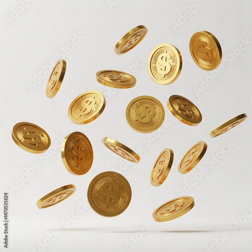Gold coins falling on white background
