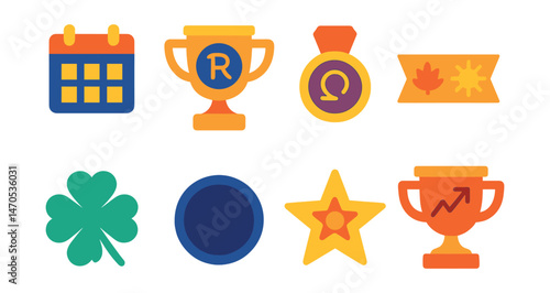 Flat vector icons of monthly horoscopes: full month planner badge, sign-by-sign outlook trophy, retrograde alert medal, seasonal transition ribbon, monthly luck factor icon, new moon influence badge,
