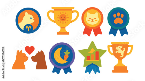 Flat vector icons of pet horoscopes: pet zodiac badge, sun sign for pets trophy, daily mood of cat medal, best walk time ribbon, pet compatibility icon, food preference by moon badge, animal instinct