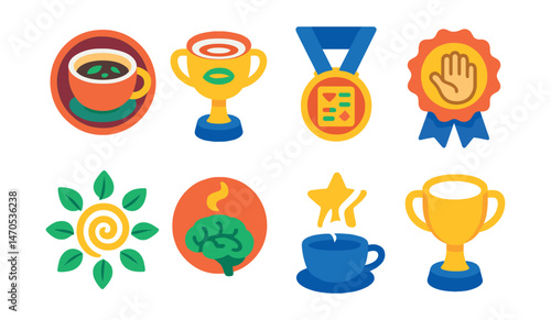 Flat vector icons of tea leaf reading: teacup with leaves badge, saucer symbols trophy, interpretation chart medal, reader’s hand ribbon, spiral leaf pattern icon, intuitive insight badge, future