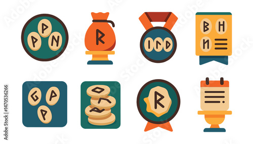 Flat vector icons of rune casting: Elder Futhark rune stones badge, rune draw bag trophy, three rune spread medal, rune meanings chart ribbon, intuitive casting mat icon, rune stone pile badge,
