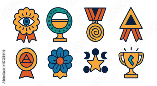 Flat vector icons of mystical symbols: eye of providence badge, ouroboros snake trophy, labyrinth spiral medal, sacred triangle ribbon, alchemical circle icon, cosmic flower badge, moon phases star,