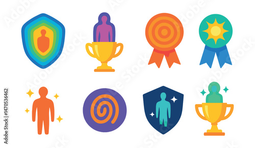 Flat vector icons of aura and subtle bodies: layered aura diagram badge, astral body silhouette trophy, emotional field ripple medal, mental aura glow ribbon, etheric body spark icon, karmic imprint