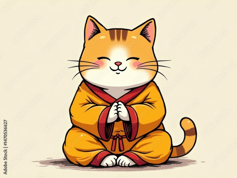 A charming cat dons an orange robe, with its paws folded in a meditative pose, exuding serenity. This delightful illustration captures a moment of calm and warmth.