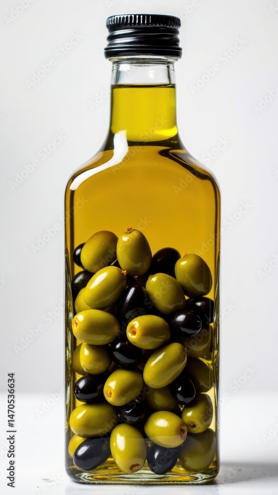 A clear bottle filled with vegetable olive oil showcasing vibrant green and black olives, highlighting a healthy dressing choice for salads and cooking.
