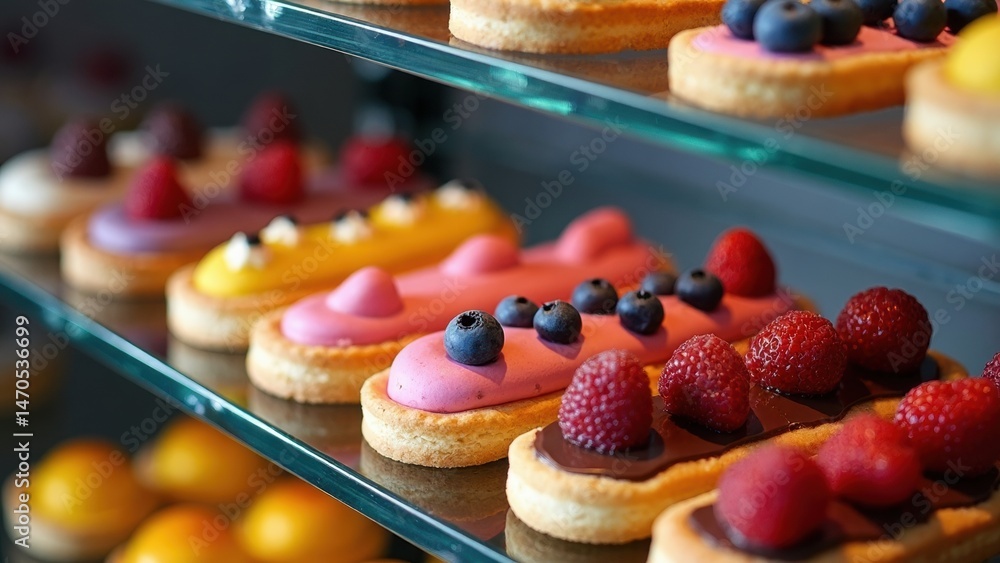 A vibrant display of sweet pastries topped with fresh berries, enticing customers in a candy store. Colorful eclairs and tartlets showcase the confectioner's skill.