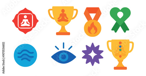 Flat vector icons of chakra meditation: root energy sit badge, sacral flow pose trophy, solar plexus fire medal, heart green light ribbon, throat vibration icon, third eye beam badge, crown opening