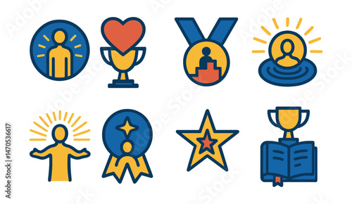 Flat vector icons of spiritual growth: personal awakening badge, heart-centered path trophy, soul journey steps medal, inner peace ripple ribbon, light body expansion icon, higher self connection