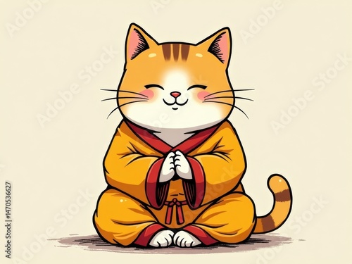 Obraz na płótnie A charming cat dons an orange robe, with its paws folded in a meditative pose, exuding serenity. This delightful illustration captures a moment of calm and warmth. w salonie