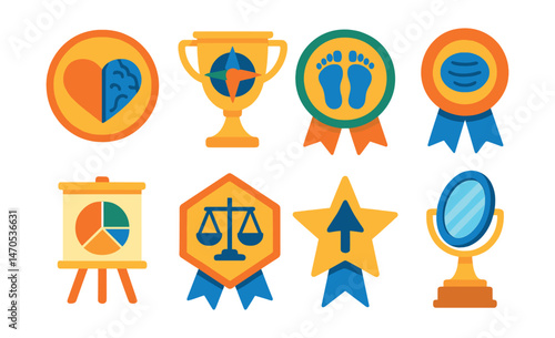 Flat vector icons of inner alignment: heart-mind balance badge, values compass trophy, grounded feet symbol medal, centered breath ribbon, life purpose chart icon, soul-aligned decision badge,