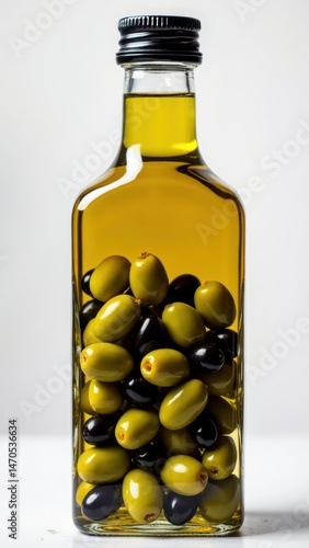 Obraz na płótnie A clear bottle filled with vegetable olive oil showcasing vibrant green and black olives, highlighting a healthy dressing choice for salads and cooking. w salonie