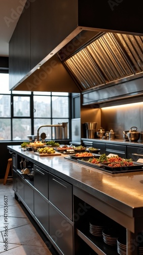 Obraz na płótnie A sleek professional kitchen showcases an organized layout featuring metal tables, cooking equipment, and an array of colorful dishes. w salonie
