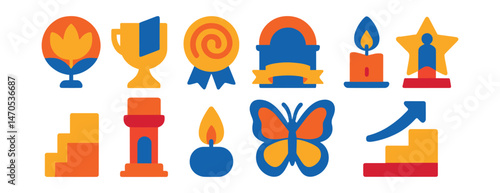 Flat vector icons of life transitions: spiritual rebirth symbol badge, life chapter turning page trophy, inner crisis spiral medal, rite of passage gate ribbon, grief healing candle icon, new phase