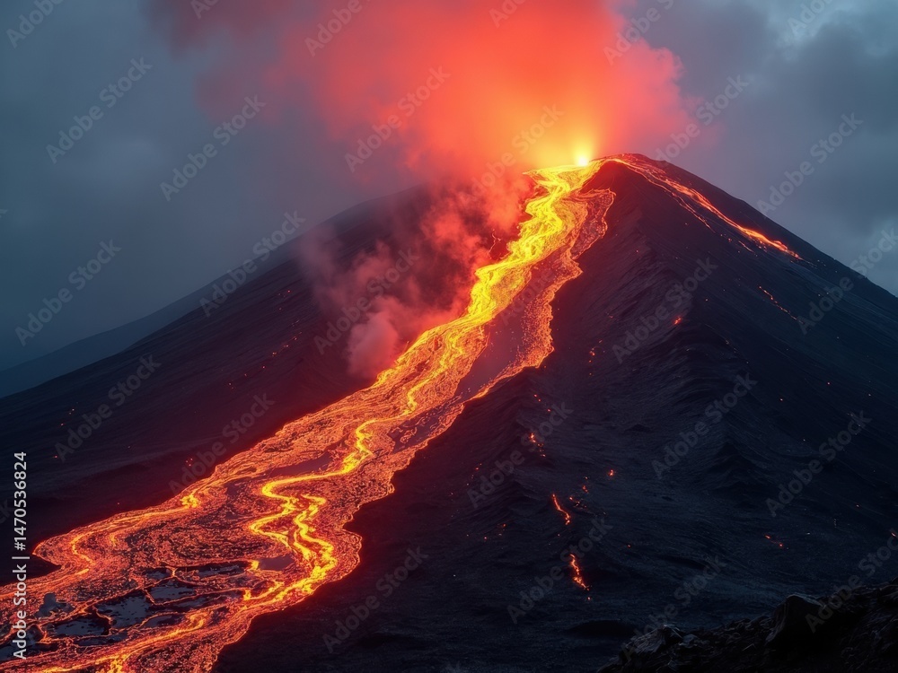 Fiery lava flows down the mountain slope, creating a striking contrast against the dark terrain. Smoke rises ominously, highlighting the raw power of nature.