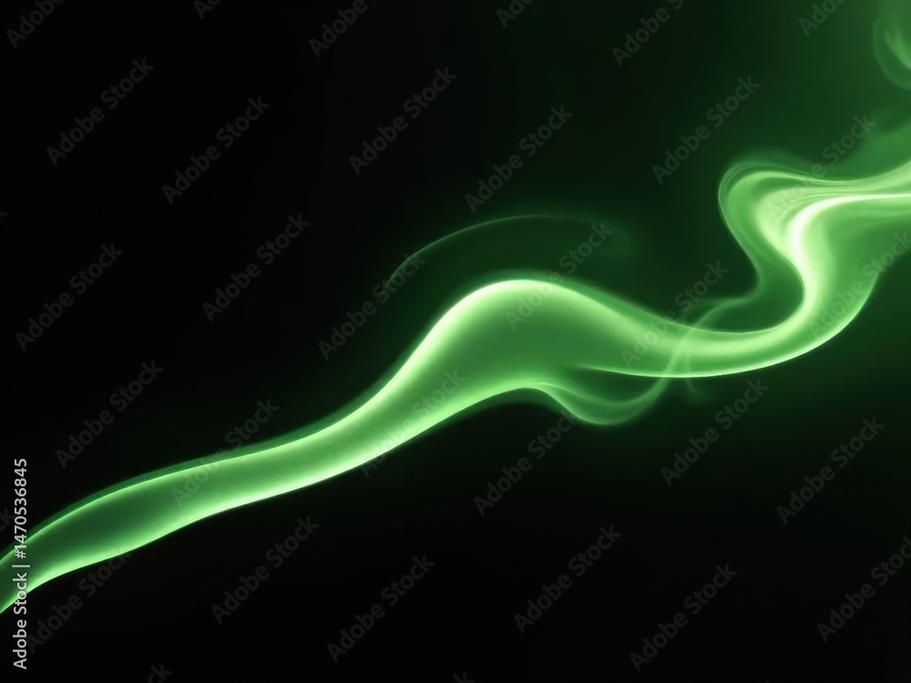 Abstract green smoke flows smoothly against a dark backdrop, demonstrating elegance and lightness in movement. The soft curves evoke a soothing atmosphere.