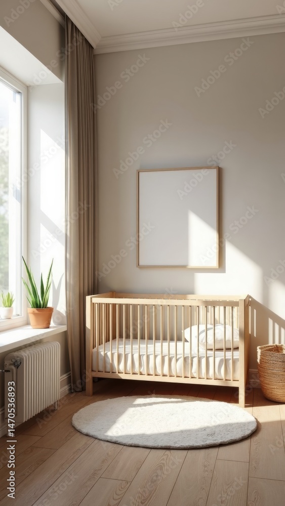 A bright baby room featuring a wooden crib, soft round rug, and neutral tones. Sunlight filters through the window, creating a warm and inviting atmosphere.