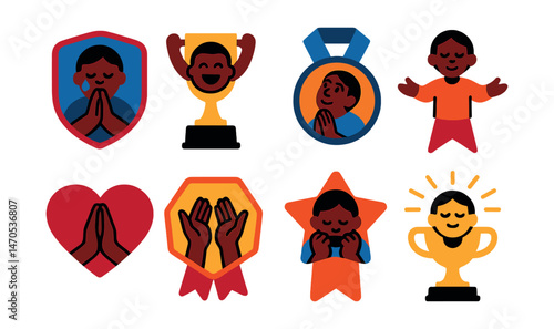 Flat vector icons of emotional states in prayer: tearful prayer badge, joyful praise trophy, hopeful gaze medal, surrender posture ribbon, trustful heart icon, yearning hands badge, silent struggle