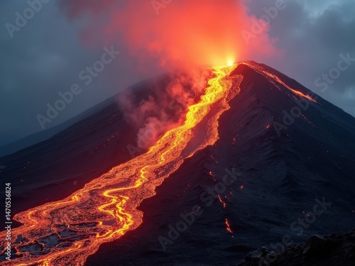Obraz na płótnie Fiery lava flows down the mountain slope, creating a striking contrast against the dark terrain. Smoke rises ominously, highlighting the raw power of nature. w salonie