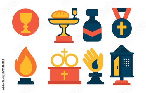 Flat vector icons of religious sacraments: communion cup badge, bread and wine tray trophy, baptism cross medal, holy oil bottle ribbon, confirmation flame icon, wedding rings on altar badge,