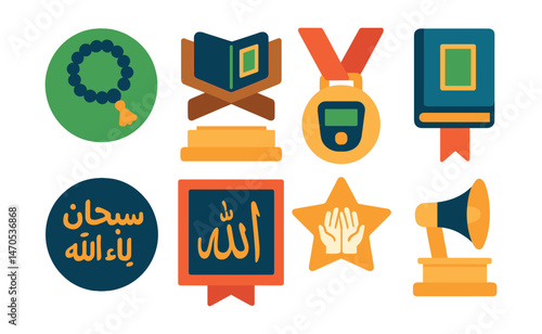 Flat vector icons of Islamic worship elements: tasbih prayer beads badge, Quran on wooden stand trophy, digital counter medal, supplication book ribbon, dhikr phrase icon, calligraphy wall art badge,
