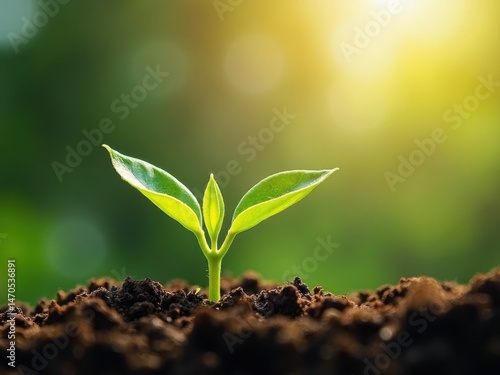 Obraz na płótnie A green bean sprout is breaking through rich soil under soft glowing sunlight, symbolizing growth and new beginnings in a lush environment. w salonie