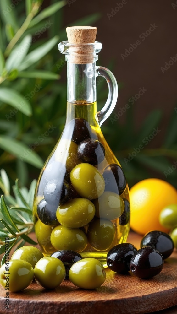 A clear bottle filled with olive oil and a mix of vibrant green and black olives sits among natural greenery, highlighting healthy and vegetarian cooking options.