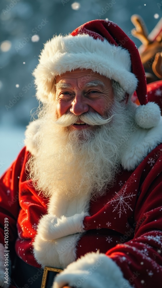 A cheerful Santa Claus with a white beard flies through a snowy sky in his sleigh pulled by reindeer, embodying the spirit of Christmas joy and excitement.