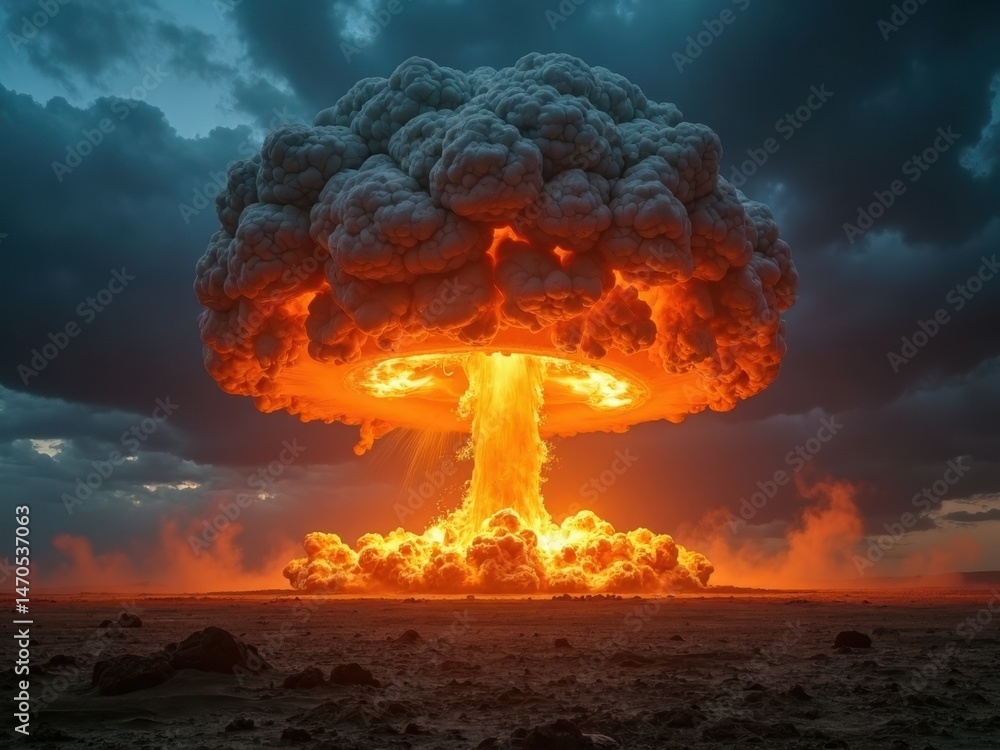 A powerful nuclear explosion unfolds under a stormy sky, releasing a massive shock wave and radiant energy. The surrounding area is engulfed in smoke and fire.