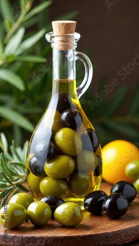 Obraz na płótnie A clear bottle filled with olive oil and a mix of vibrant green and black olives sits among natural greenery, highlighting healthy and vegetarian cooking options. w salonie
