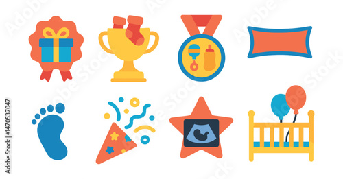 Flat vector icons of baby-related holidays: baby shower gift badge, tiny socks trophy, rattle and bottle medal, welcome banner ribbon, baby footprint icon, gender reveal popper badge, ultrasound