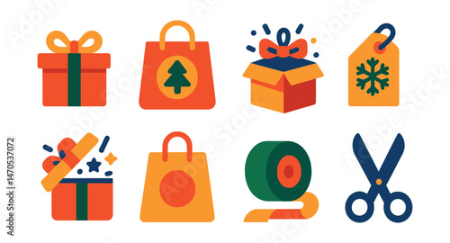 Flat vector icons of Christmas gifts: wrapped present with bow, gift bag, surprise box, tag with snowflake, open gift with sparkles, holiday shopping bag, ribbon roll, scissors for wrapping.