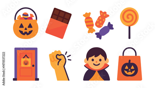 Flat vector icons of trick-or-treating: candy bucket, chocolate bar, wrapped sweets, lollipop, door with candy sign, knock-knock moment, happy kid in costume, trick-or-treat bag.