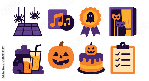 Flat vector icons of Halloween party items: dance floor with spider lights, spooky playlist icon, costume contest ribbon, photo booth with masks, drink station with fog, carved pumpkin centerpiece,