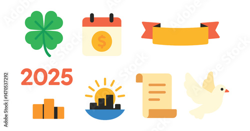Flat vector icons of New Year symbols: lucky clover, gold coin, calendar turned to January, “Happy New Year” banner, 2025 numbers, sunrise over city, wish scroll, hopeful dove.