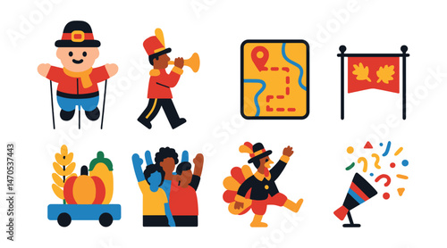 Flat vector icons of Thanksgiving parade: giant balloon character, marching band, float with harvest theme, parade route map, crowd cheering, costumed performer, confetti cannon, street banner.