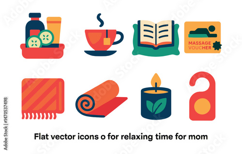 Flat vector icons of relaxing time for mom: spa kit, cup of tea, book on pillow, massage voucher, cozy blanket, yoga mat, scented candle, “do not disturb” sign.