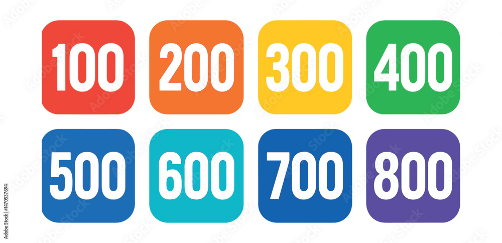Flat vector icons of three-digit numbers: number 100, number 200, number 300, number 400, number 500, number 600, number 700, number 800.