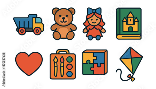 Flat vector icons of Children’s Day gifts: toy truck, teddy bear, doll with bow, storybook, plush heart, art kit, puzzle box, kite with ribbon.