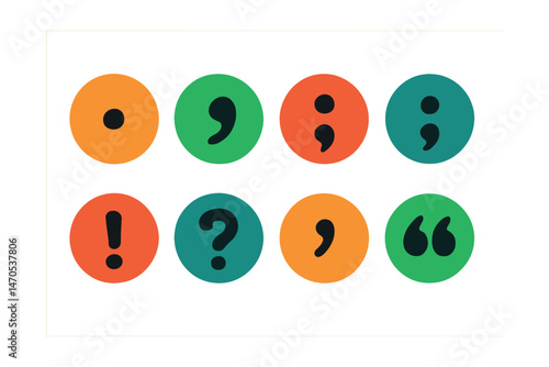 Flat vector icons of basic punctuation marks: period (.), comma (,), colon (:), semicolon (;), exclamation mark (!), question mark (?), apostrophe (’), quotation marks (“”).