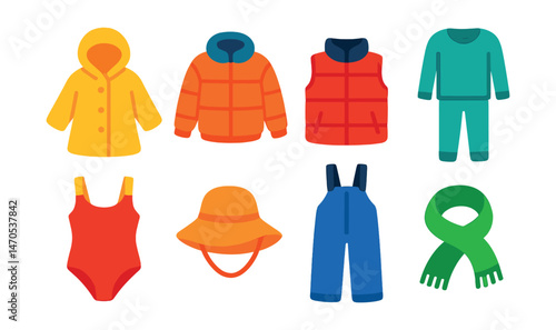 Flat vector icons of seasonal kidswear: raincoat with hood, winter jacket, puffer vest, thermal set, swimsuit, sun hat, snow pants, wool scarf.
