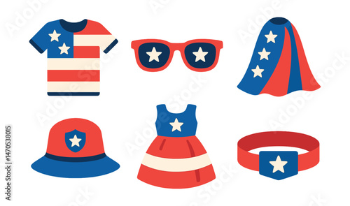 Flat vector icons of patriotic clothing: shirt with flag print, star-patterned sunglasses, flag cape, hat with badge, kid’s dress in national colors, wristband with emblem.