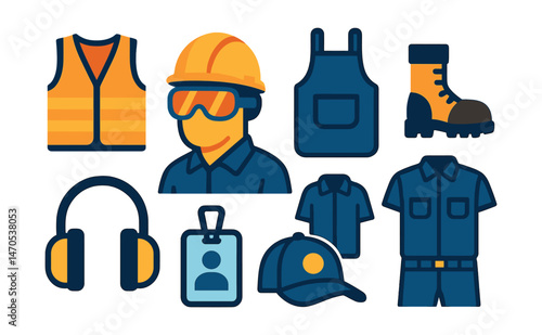 Flat vector icons of clothing and gear: reflective vest, goggles and helmet, work apron, steel-toe boots, ear protection muffs, ID badge, uniform set, cap with logo.