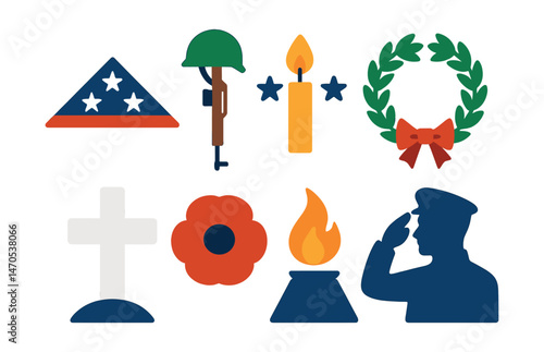 Flat vector icons of remembrance symbols: folded flag, military helmet on rifle, candle with stars, wreath with ribbon, white cross grave marker, poppy flower, eternal flame, silhouette of salute.