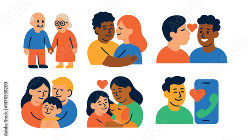 Flat vector icons of inclusive love: elderly couple hand in hand, diverse couple hugging, same-gender kiss, interracial couple smiling, child hugging parents, pet and owner love, family hug,