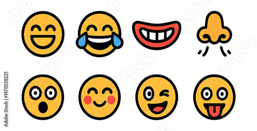 Flat vector icons of funny expressions: laughing face emoji, tears of joy, big smile mouth, cartoon snort, surprised face, blushing giggle, goofy wink, face with tongue out.