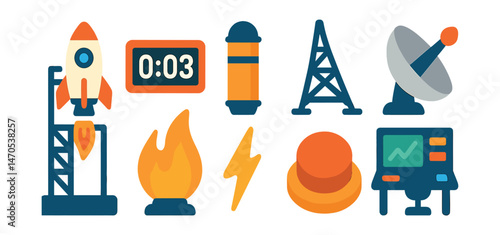 Flat vector icons of launch equipment: rocket on launchpad, countdown clock, fuel tank, ignition fire, launch tower, satellite dish, launch button, mission control desk.