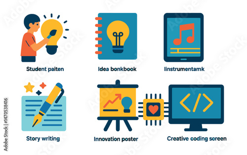 Flat vector icons of creativity in learning: student painting light bulb, idea notebook, 3D model making, music composition on tablet, story writing with pen and stars, innovation poster board,