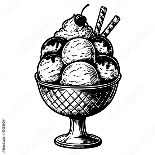Vintage ice cream sundae with whipped cream and cherry  