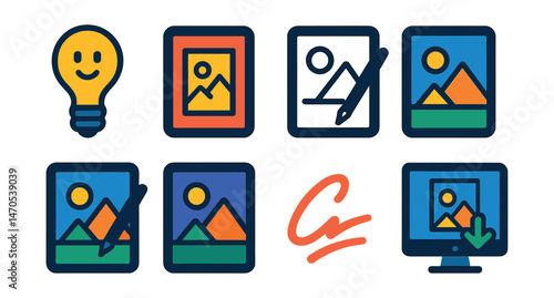 Flat vector icons of digital illustration workflow: idea sketch, rough thumbnail, clean line art, base color fill, shading and highlights, texture overlay, signature step, final export screen.