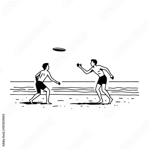 Two boys playing frisbee on the beach  